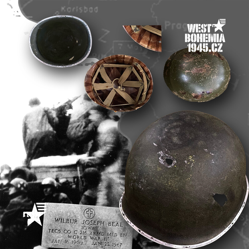 IR1010 WWII US ARMY SHOT THROUGH HELMET US M1 SCHLUETER LINER MSA NAMED BEAL 216TH ARMORED MEDICAL BN PILSEN MAY 6 1945